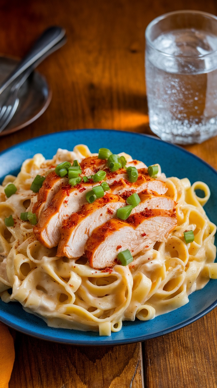 Spicy Gochujang Chicken Alfredo Pasta with cream sauce and garnished with green onions on a wooden table.